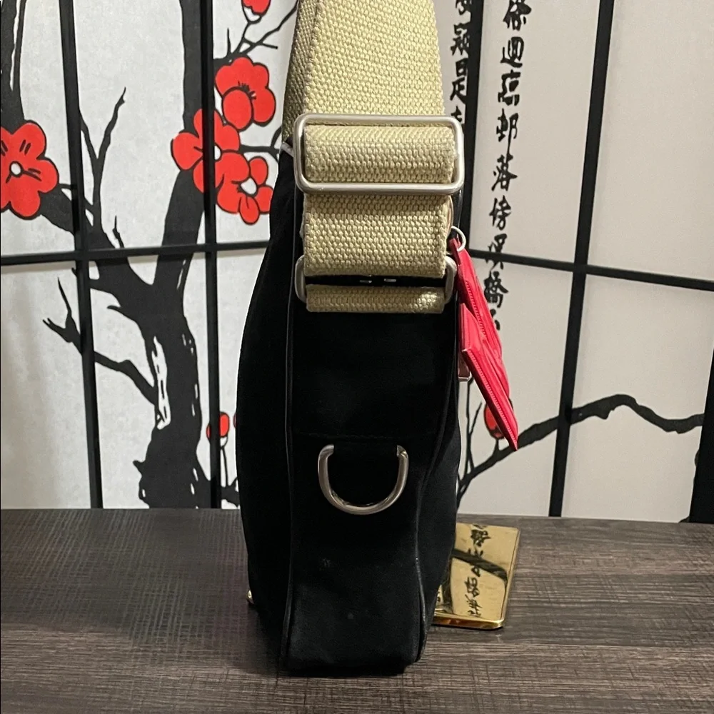 Marc Jacobs Suede Vintage Black Crossbody with Cream Strap and Red M Charm